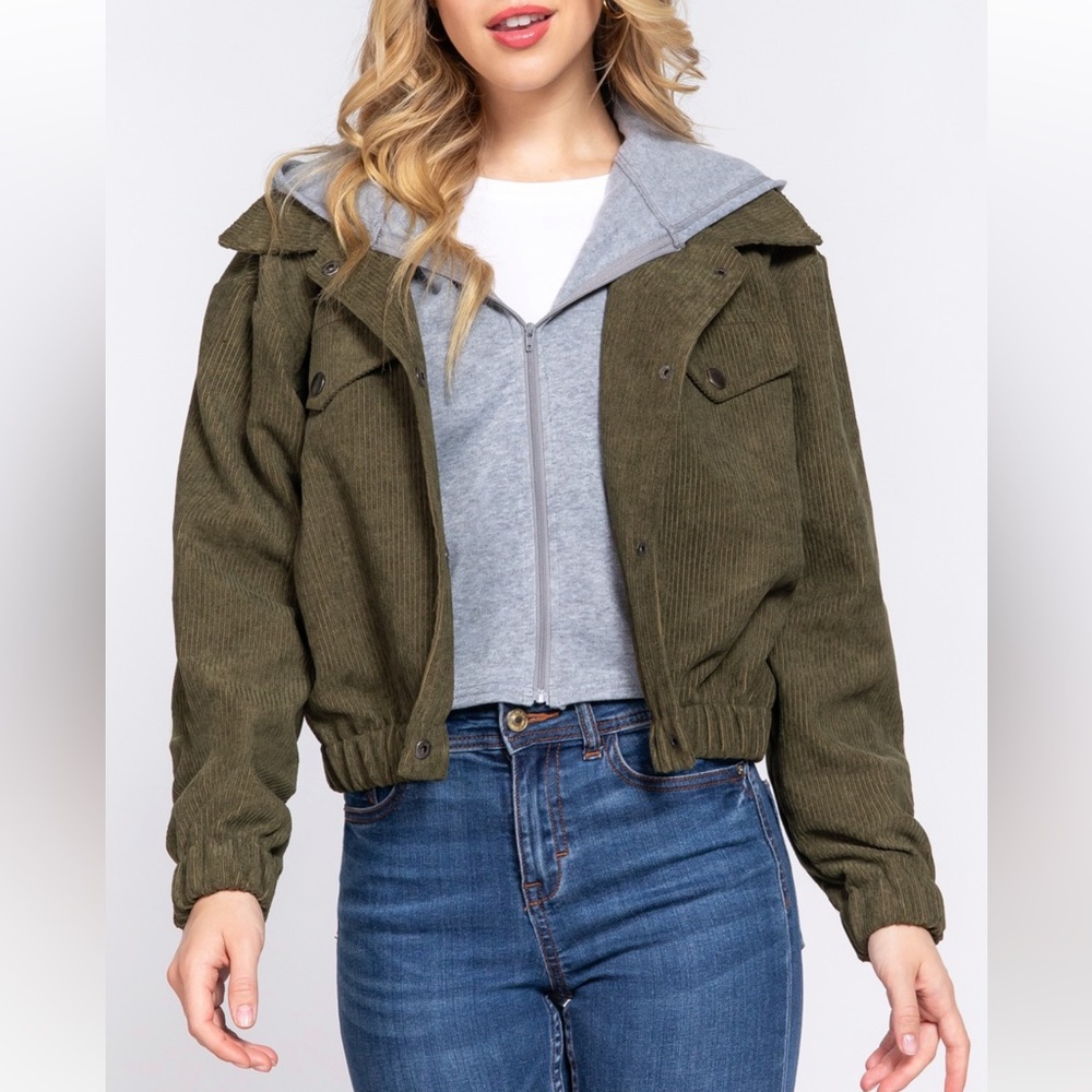 HOODIE CORDUROY BOMBER JACKET - ARMY OLIVE - Picture 5 of 5